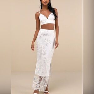 White Two-Piece Lace Maxi Skirt Set